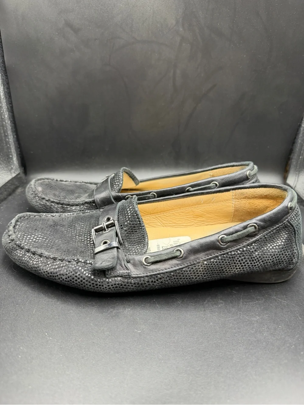 Women’s Black Leather Driving Loafers with Textured Upper